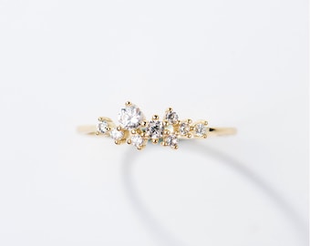Delicate Cubic Zirconia engagement ring in 14k solid gold, Thin engagement ring