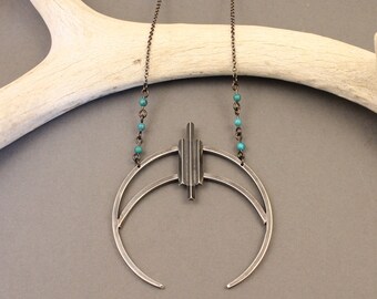 Sterling silver modern squash blossom necklace with turquoise, long- "Spirit Naja Necklace