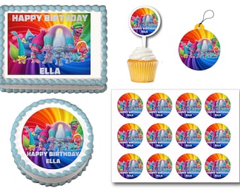 Trolls Edible Birthday Cake Toppers, Plastic cupcake Picks, Gift Tags or Stickers