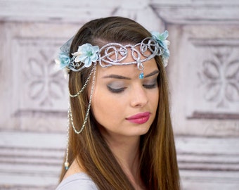 Silver Elven Crown, White and Blue, Ocean Goddess Headpiece, Mermaid Crown, Costume Headdress, Circlet, Flower Crown, Woodland, Bridal Crown