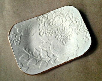 OFF WHITE Ceramic Lace Jewelry Dish Soap dish jewelry holder gold edged