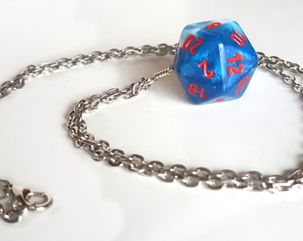 Dice Pendant Necklace - Sparkle Blue and White D20 Twenty Sided Dice Jewelry - Geeky Gamer Jewelry