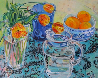 Large mixed media Still Life 30 inch by 40 inch oversized original painting by Polly Jones with free shipping