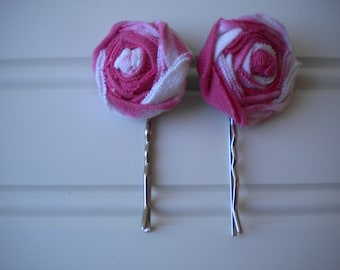 Pair of Pink and White Rolled Rosette Bobby Pins