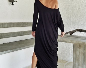 Black Maxi Dress / Black Kaftan / Asymmetric Plus Size Dress