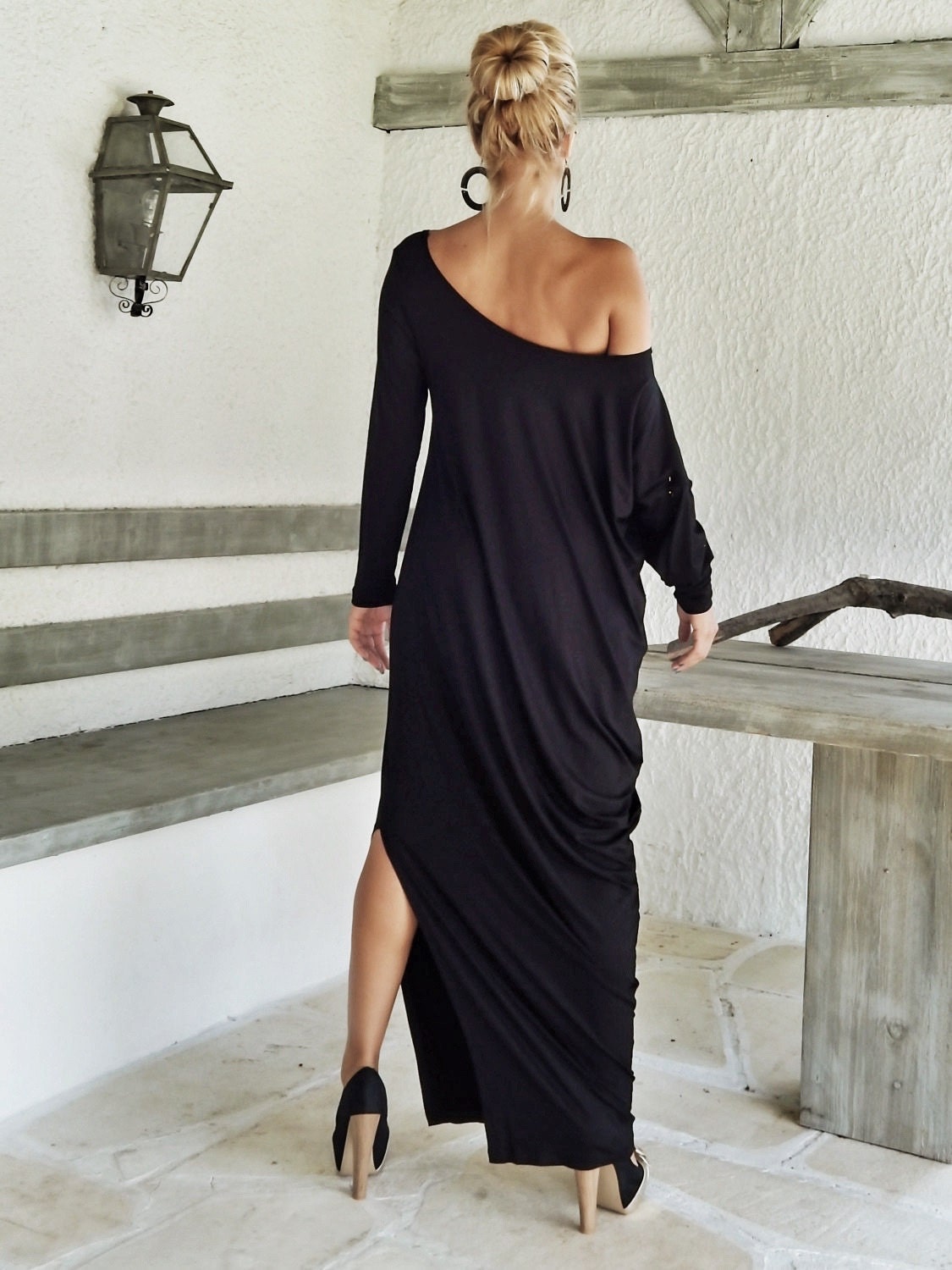 Black Maxi Long Sleeve Dress / Black Kaftan / Asymmetric Plus