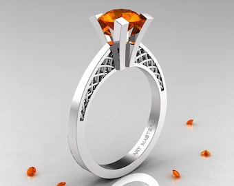 Modern Armenian 14K White Gold Lace 1.0 Ct Orange Sapphire Solitaire Engagement Ring R308-14KWGOS
