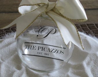 Glass ornament personalized with your family name