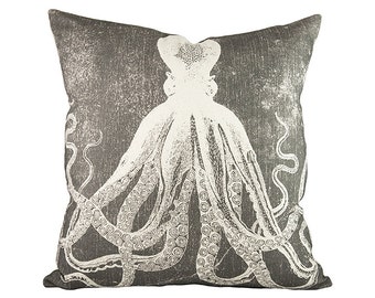 Octopus Throw Pillow, Charcoal Nautical Pillow