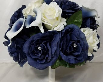 Navy Blue Ivory Rose Calla Lily Bridal Wedding Bouquet & Boutonniere