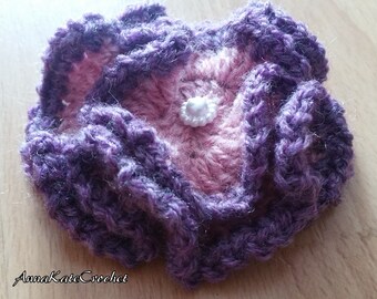 Crochet Flower Brooch, Pin - Pink & Purple Crinkle