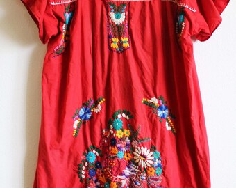 Embroidered Guatemalan dress Huipil boho hippie medium/large brights traditional floral Quiche blue