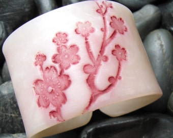 SALE Cuff Bracelet Pink Rose Quartz Style Asian Floral Blossoms, Jewelry by theshagbag
