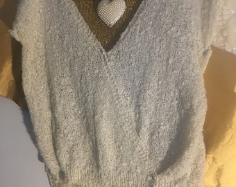 FREE ShippingJune(domestic only)Cream Cotton Knit/ V-Neck Crocheted Sweater/Size M