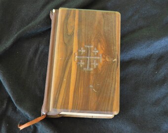 Vintage Olive Wood and Leather Holy Bible Book with The Old and New Testaments with Hand Carved Cross