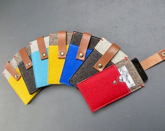 Iphone 8 7 6 felt case with pocket and leather closure - many colour options