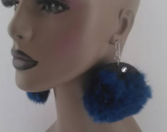 Fabulous Blue Fuzzy Furry Earrings on Black with Rhinestones , Furry Earrings, Women Earrings, Blue Earrings, Fur Earrings