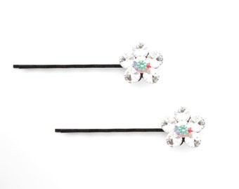 Crystal Cute Single Flower Bobby Pin PAIR Hair Clip Accessory Black Tone Clear Clear AB