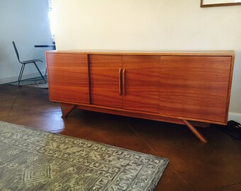 NEW Hand Built Mid Century Inspired Buffet / Credenza. Mahogany four door with angled leg base.