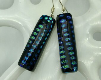 Dichroic Black Blue Green Glass Earrings, Fused Glass Earrings, Shimmery Colored Glass, Rectangle Glass Earrings