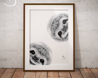 CUTE CURIOUS SLOTH Drawing download, Sloth Wall decor, Curious Sloth Print, Printable Sloth Poster, Sloth Decor, Curious Animals, Sloth Art