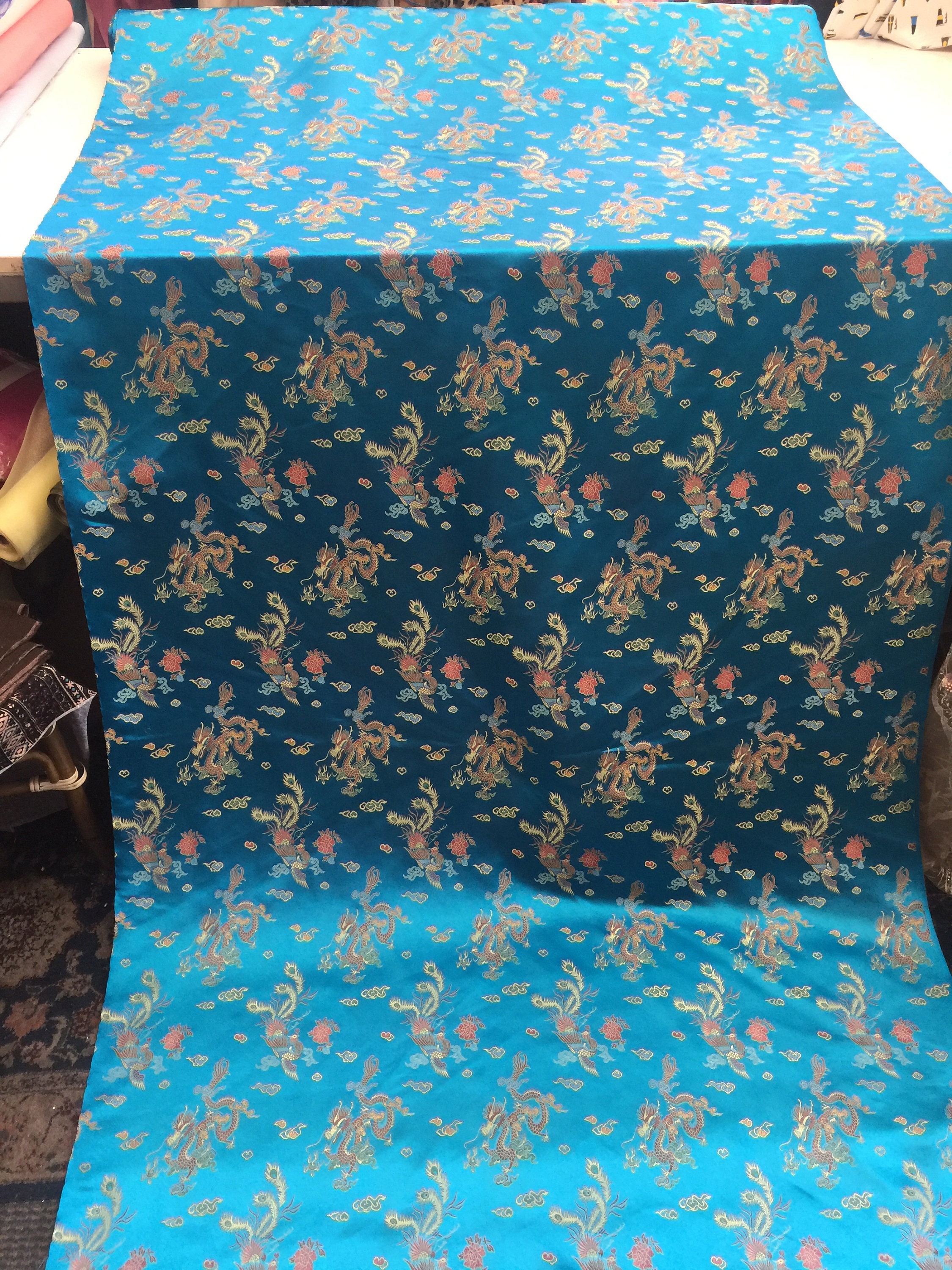 Asian Designs Stunning Faux Silk Dragon Phoenix Brocade Satin Turquoise Asian Designs Stunning Faux Silk Dragon Phoenix Brocade Satin Turquoise