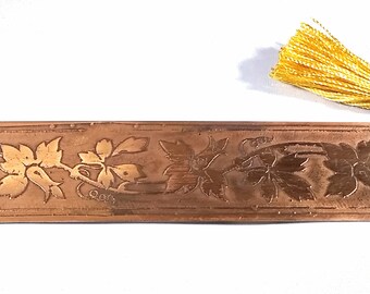 Etched copper bookmark, Etched leaf design in copper, Copper bookmark