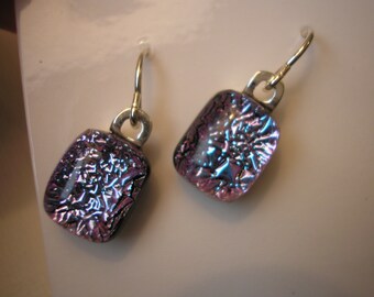 Petite Lilac Earrings, Blue Lilac Crinkle, Dichroic Fused Glass Jewelry, .925 Sterling Silver, Color Shifting Earrings, Very Small, Dangles