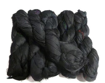 Premium Recycled Sari Silk Ribbon, Jet Black , 100g (50 yards)