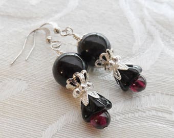 75% Off Clearance Sale, Black Lily Flower, Czech Glass, Garnet Bead, Silver Finish