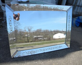nice shape vintage 1940s or so LARGE ENGRAVED floral RECTANGLE wall mirror pick up only
