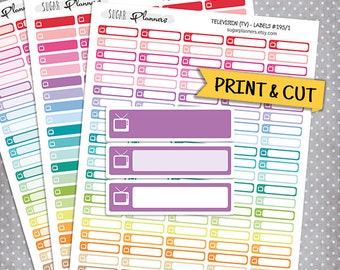 TV Label Box Set Printable Planner Stickers, Erin Condren Planner Stickers, Printable TV Stickers, TV Icon, Television Stickers
