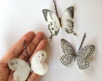 Handmade Butterfly (Swallowtail) Hair Bobby Pin in White and Black Cotton and Silk Organza Fabric - 3 pieces