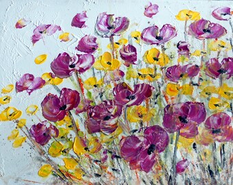 PURPLE YELLOW 60x48 Flowers Painting Acrylic on Canvas Whimsical MIST Floral Art by Luiza Vizoli