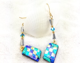 Blue Dichroic Earrings, Fused glass jewelry, Dichroic earrings, Hana Sakura, dichroic beads, glass fusion, trending now, artisan earrings