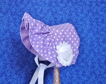 Infant Baby Bonnet Purple with White Polka Dots Reversible