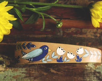 Handpainted Bird Barrette, Wooden Barrette With Hand Painted Bird, Floral Decorations,Blue And White Flowers, Hair Clip For Her,Natural Wood