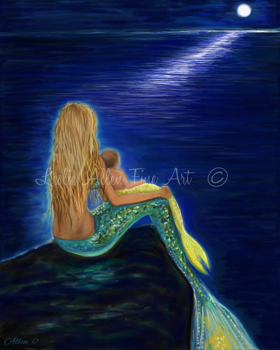 Mermaid Art Print Mermaid Mother Baby Mermaid Wall Art Baby