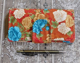 Floral Checkbook Wallet in Rust Teal Cream - Checkbook Cover - Coupon Case - Cash Wallet - Fabric Wallet