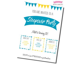 Printable Sleepover Party Invitation - Blue & Yellow