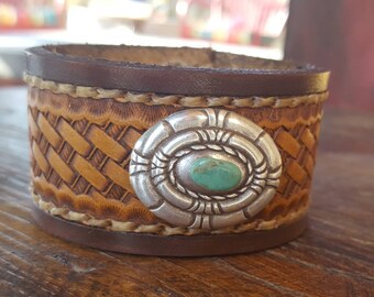 Leather Cuff Bracelet - Turquoise - Tooled - Southwestern- Concho - Cowgirl Jewelry - Western -Rustic Cuff by Heart of a Cowgirl