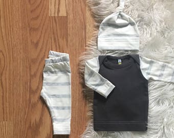 newborn boy coming home outfit - baby boy take home outfit - hospital outfit - boy leggings - infant - off white heather gray stripes