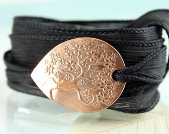 Tree-of-Life Wrap bracelet | Silk Ribbon Bracelet | Silk Cuff | Copper Tree of Life | Copper Bracelet Silk Ribbon Wrap