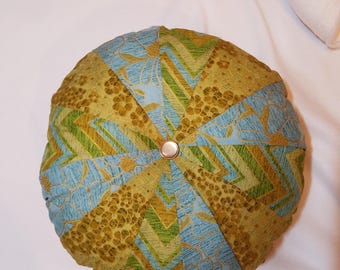Sprocket pillow, blues, green and gold, Round pillow, decorative pillow, Dresdin pillow, blue and green pillow,