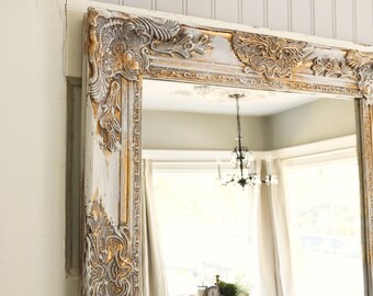 Farmhouse Mirror, White and Gold Distressed Mirror, Shabby Chic Mirror, Bathroom Mirror, Ornate Mirror