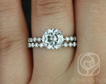 Rosados Box Naomi 8mm 14kt White Gold Round F1- Moissanite and Diamonds Double Talon Wedding Set