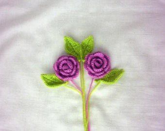 3D Lot of 2 Purple Crochet Flowers with 4 Leaves Applique - 3D Ruffled Rose, Handmade Applique Embellishment in Purple, size 2"