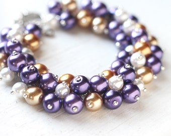 Purple and Gold Wedding Bridesmaid Jewelry Pearl Cluster Bracelet - Golden Grapes