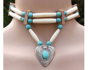 Native American choker, bone hair pipe choker, turquoise necklace, Handmade tribal choker, bohemian necklace, gypsy necklace, Indian choker