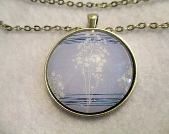 Delicate Pale Blue White WILDFLOWERS Cabochon PENDANT Necklace